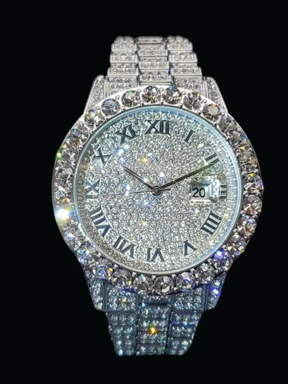 Silver Color Bling Tennis Body Roman Numerals Iced Out Diamond Watch, Hip Hop